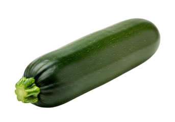 A single fresh, dark green zucchini squash vegetable shown diagonally isolated on transparent background for culinary use and healthy eating promotion