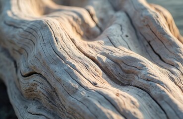 Close up of aged weathered driftwood log with deep cracks and natural grain. Dry wood texture shows curved lines and organic patterns on beach sand.