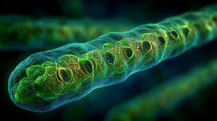 A detailed depiction of linear biological structures showing cellular organization and internal patterns to illustrate scientific analysis and microscopic study concepts.
