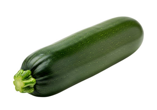 A single fresh, dark green zucchini squash vegetable shown diagonally isolated on transparent background for culinary use and healthy eating promotion