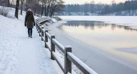 Obraz premium Person walking on snowy path by frozen lake in winter