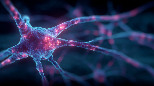 Neural network cell structure representing biological communication pathways and scientific analysis of interconnected systems.
