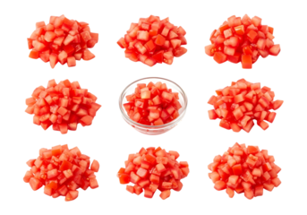 Nine piles of finely diced fresh red tomato pieces, one pile centered in a small clear glass bowl, isolated on transparent background