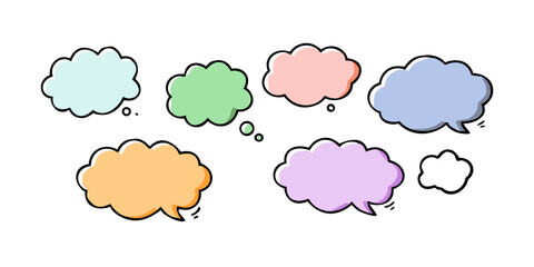 Six pastel colored speech bubbles with drop shadows