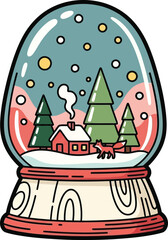 Cute winter snow globe vector art fox cabin christmas trees snowflakes holiday illustration