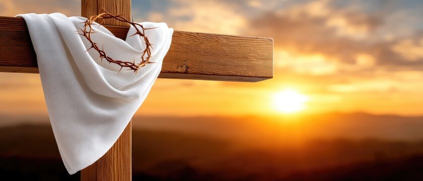 Wooden cross with a linen cloth and crown of thorns against a breathtaking sunset over desert hills symbolizes hope and sacrifice - Powered by Adobe