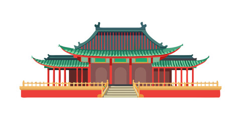 Stylized ancient Chinese temple building with red and green