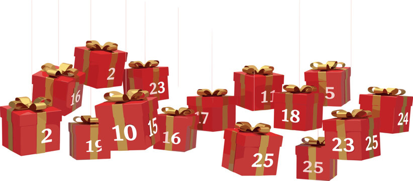 Festive Red Gift Boxes with Numbers for Christmas Countdown and Celebrations