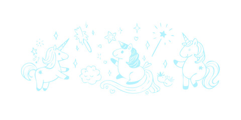 Three blue unicorns surrounded by stars and magic fantasy