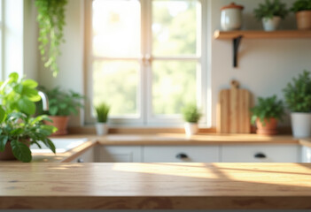Sunny kitchen with green plants and wood counter top. Wood table top with blurred kitchen background.