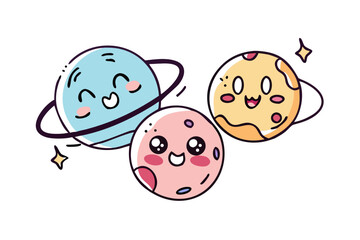 Three cute smiling planets with faces on white background