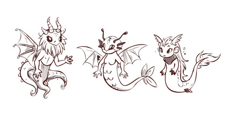 Three fantasy creatures with wings and tails dragon