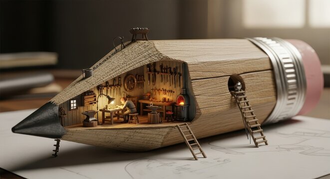 Miniature craftsman workshop meticulously carved inside a large wooden writing instrument