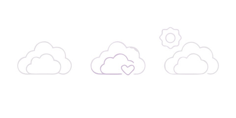 Three thin line cloud icons with heart and sun weather
