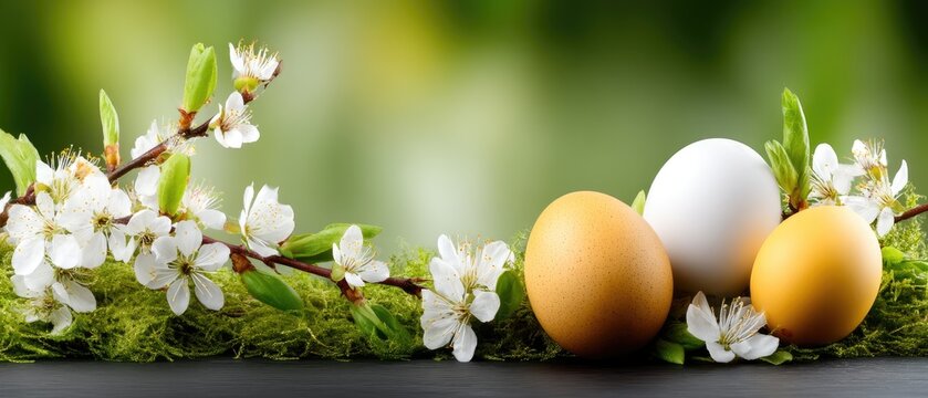 Celebrate spring with a vibrant easter banner featuring a cute bunny, colorful eggs, blooming cherry tree, and butterflies under warm sunlight - Powered by Adobe