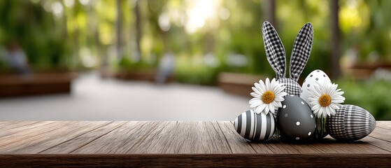 Colorful easter decorations with eggs, bunny ears, and flowers on a wooden table in a vibrant garden setting for product display concepts