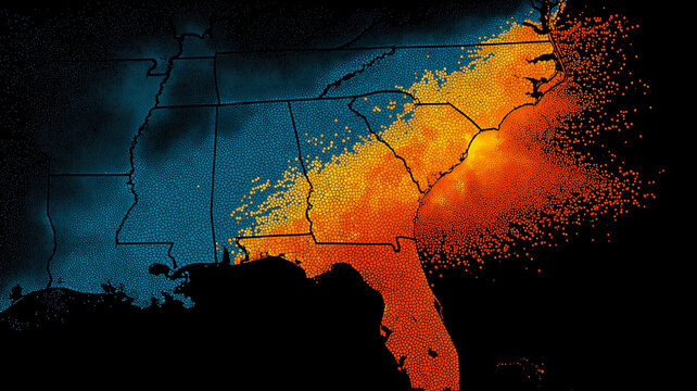 A conceptual geographic visualization showing regional distribution patterns represented through glowing clustered points to illustrate demographic or environmental data trends.
