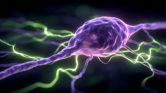 A conceptual representation of an active neural cell highlighted to symbolize cognitive processing, brain function, and advanced biological communication mechanisms.
