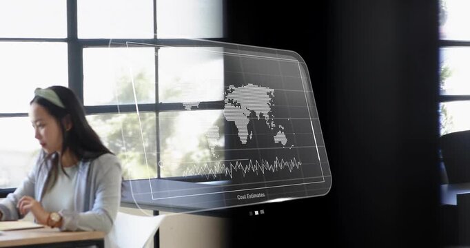 Woman typing laptop, holo UI sliding in over desk showing cost estimates map+waveform for business