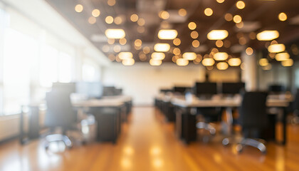 Warm ceiling lights illuminate a modern open office where rows of desks and chairs sit on polished wooden floors, creating a soft blurred atmosphere that suggests a calm professional workspace.