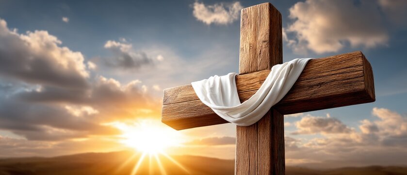 Wooden cross with white linen cloth hangs under a vast sunset sky over desert hills, symbolizing hope and resurrection in Christian faith
