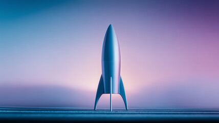 Sleek rocket standing at launch point conveying ambition, technological aspiration and forward advancement in exploration.
