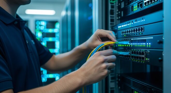 Mans hands connecting fiber optic cables into server panels in a data center. Network technician installing internet connection in server room.