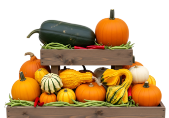 A bountiful autumn harvest display featuring various colorful gourds and pumpkins arranged attractively on rustic wooden crates, isolated on transparent background