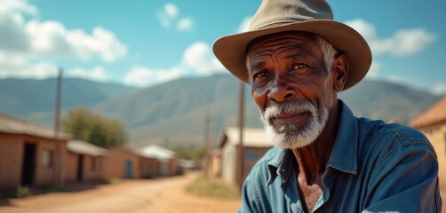 Elderly Black man wearing hat and blue shirt smiles outdoors. He is in a village with mountains in background. He looks thoughtful and content. Space for text available.