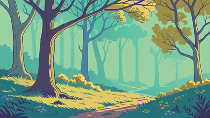 Stylized Forest Landscape Illustration with Path, Fog, and Muted Green Tones © SABIHA