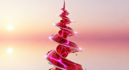 Molten gemstone fluid forms a spectacular ruby liquid spiral twisting upward with brilliant magenta glowing veins and intense golden highlights. Abstract dramatic concept