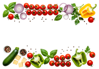 Fresh vegetable border arrangement featuring cherry tomato vine, bell pepper, zucchini, onion slice, basil leaf, and spice on transparent background