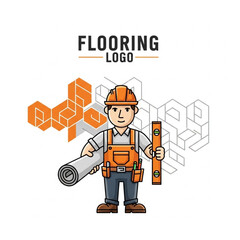 Flooring installation worker mascot logo with tools and pattern