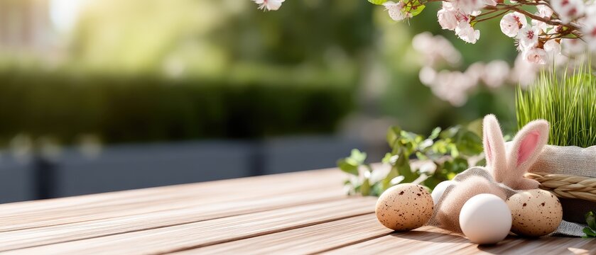 Celebrate Easter with colorful eggs and bunny ears on a wooden table surrounded by cherry blossoms and soft sunlight in a vibrant garden setting