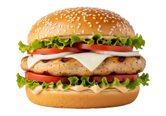 A delicious grilled chicken sandwich with sesame seed bun, fresh lettuce, tomato slices, onion, and melted cheese, isolated on transparent background