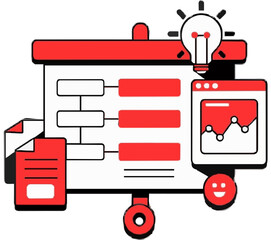 Innovative business strategy development with detailed data analysis, document insights, presentation planning, and creative idea generation. isolated on transparent background, Vector, illustration.