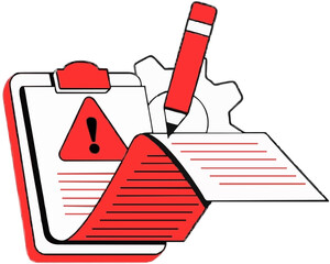 Warning document and process settings with pencil icon, clipboard and gear. error management, task list and note taking concept isolated on transparent background, Vector, illustration.