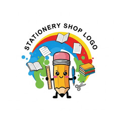 Cute stationery shop pencil character logo with school supplies