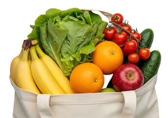 A reusable grocery bag filled with fresh produce including bananas, lettuce, oranges, tomatoes, apple, and cucumber isolated on transparent background