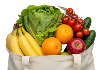 A reusable grocery bag filled with fresh produce including bananas, lettuce, oranges, tomatoes, apple, and cucumber isolated on transparent background