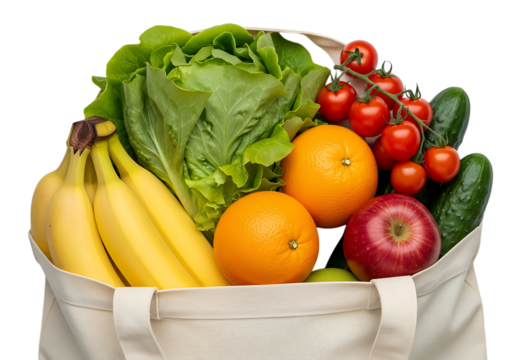 A reusable grocery bag filled with fresh produce including bananas, lettuce, oranges, tomatoes, apple, and cucumber isolated on transparent background