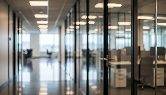 Sunlit hallways lead past transparent office partitions where organized workstations and ergonomic chairs contribute to a professional and minimal corporate setting.