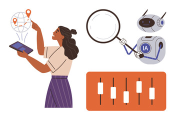 Woman interacts with tablet showing global locations, robot examines with magnifier, and stock chart visualizes data trends. Ideal for technology, analytics, AI, stock trading, global networks