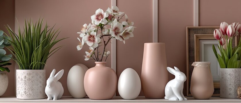 Delightful happy easter banner featuring ceramic bunnies, eggs, and spring flowers on a pastel pink background for an easter celebration mockup design - Powered by Adobe