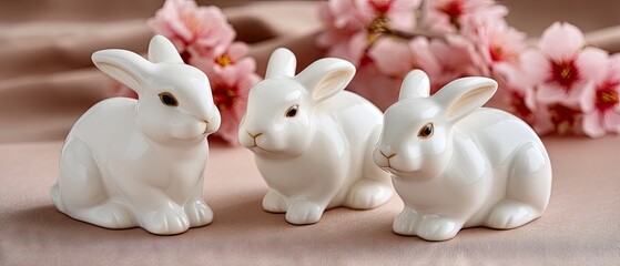 Celebrate Easter with a joyful banner featuring cute white ceramic bunnies, colorful eggs, and vibrant spring flowers on a pastel pink background