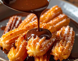 Hand holding churros dipped in chocolate sauce with sugary coating, macro