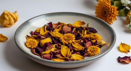 Rustic potpourri blend in a decorative bowl with vibrant dried flower petals and small blossoms on white