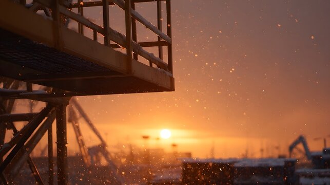 Golden hour illuminates a winter industrial scene with falling snow and scaffolding