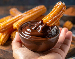 Hand holding churros dipped in chocolate sauce with sugary coating, macro close-up