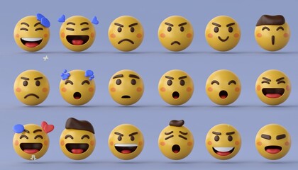 Naklejka premium Three Rows of 3D Emojis Displaying Diverse Expressions